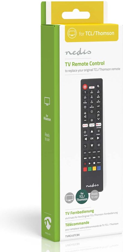 Télécommande de remplacement Nedis - Compatible avec : TCL/Thomson - Préprogrammée - 1 appareil - Bouton Amazon Prime / Netflix / YouTube - Infrarouge - Noir