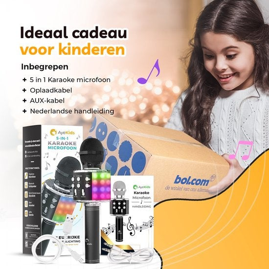 AyeKids 5-in-1 Karaoke Microphone - Sans fil & Bluetooth - Haut-parleur intégré & lumières Disco - Câble AUX inclus - Microphone Kids - Karaoke Set - Noir