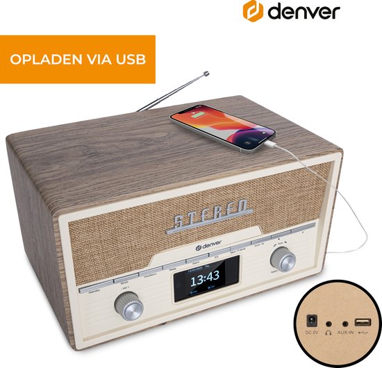 Radio - Denver - Bluetooth - Lecteur CD – Réveil - DAB /FM / AUX - Couleur bois