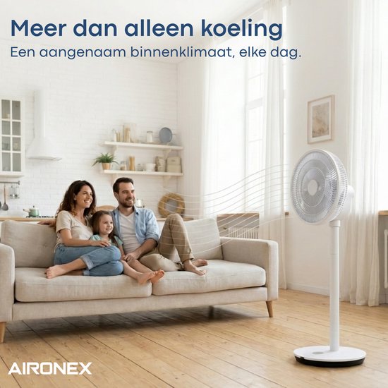 Ventilateur Aironex - Ventilateur sur pied silencieux à 26 vitesses - Commande via application - Faible consommation - Blanc - Avec fonction aromathérapie et Wi-Fi - Minuterie et mode nuit - Réglable en hauteur - Oscillation horizontale et verticale