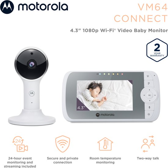 Motorola VM64 Baby Monitor avec caméra et application - Baby Monitor vidéo WiFi 4,3" avec application pour smartphone - Audio bidirectionnel, vision nocturne, température, berceuses, zoom numérique
