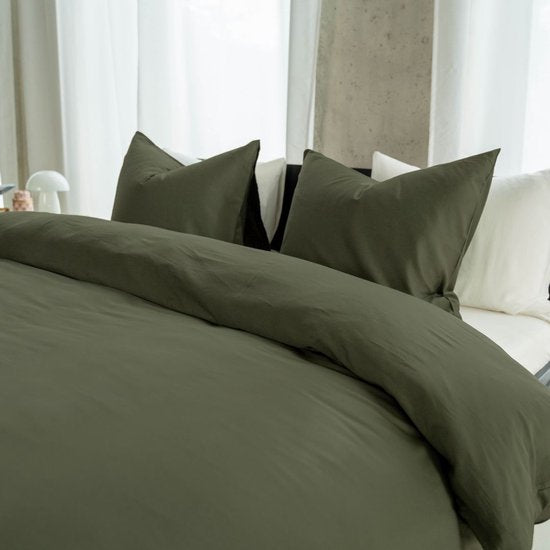 Housse de couette Kayori Emma en satin de coton - 140 x 200-220 cm + 1 taie d'oreiller - Lit simple - Vert foncé