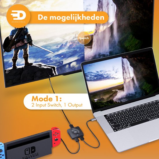 Drivv. Commutateur HDMI - 2 entrées 1 sortie / 1 entrée 2 sortie - bidirectionnel - Supporte 720p/1080p/4K/3D - Noir