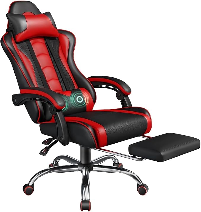 Fauteuil gaming ergonomique Yaheetech - Repose-pieds et coussin de massage - Noir/rouge