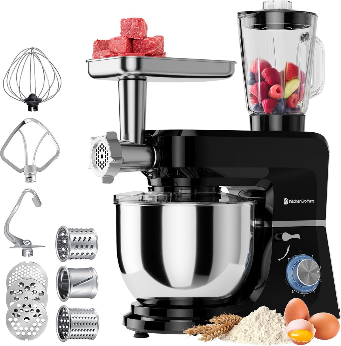 Robot de cuisine KitchenBrothers - Set complet - 15 accessoires - 6L - 1500W - Noir