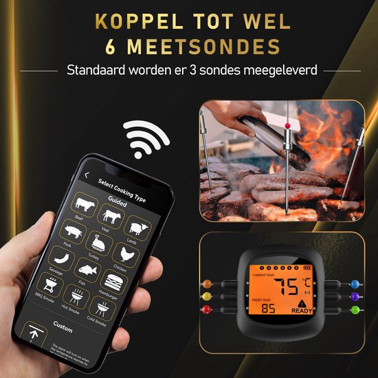 MostEssential PRO-3 Thermomètre à viande numérique - Thermomètre pour barbecue - Sans fil avec application - Bluetooth 5.0 - Portée de 100 m - 3 sondes de mesure et étui de rangement de luxe inclus