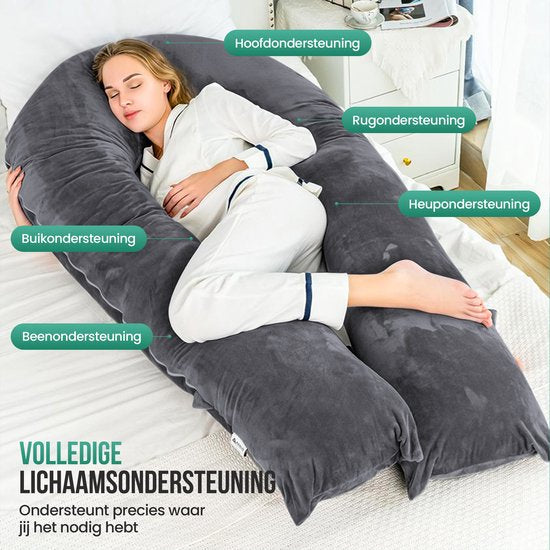 Coussin de grossesse Avalo XXL 280 cm - Coussin d'allaitement et de sommeil sur le côté en forme de U - Body Pillow - Coussin pour le corps - Gris foncé