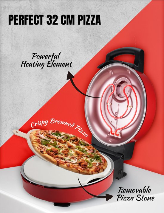 Four à pizza Bestron Turbo pour des pizzas prêtes en 5 à 10 minutes, four à pizza électrique avec une température maximale réelle de 320 °C, livré avec une pierre à pizza et 2 grandes spatules en bois, Viva Italia, couleur : rouge