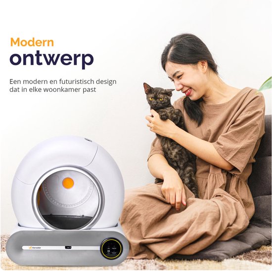 Litière automatique pour chat Viervoeter – Autonettoyante – Contrôle via une application – avec tapis et 3 rouleaux de sacs de ramassage – 65 L