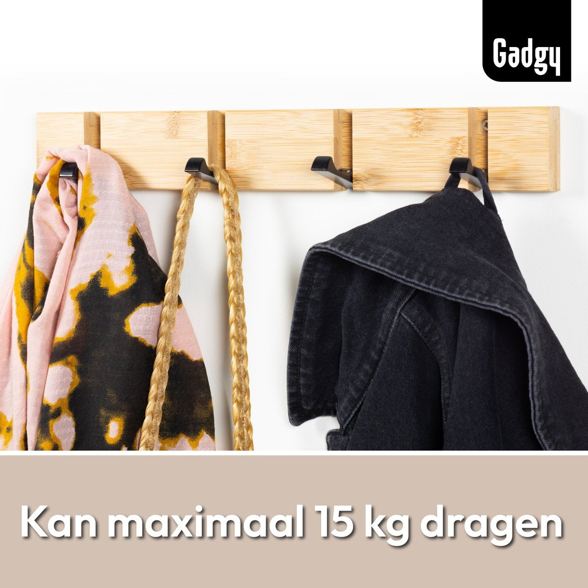 Gadgy Porte-manteau suspendu - Porte-manteau mural en bois - Porte-manteau enfant avec 8 crochets rabattables noir - Porte-manteau mural en bambou - Lot de 2 - Max. Capacité de charge de 15 kg