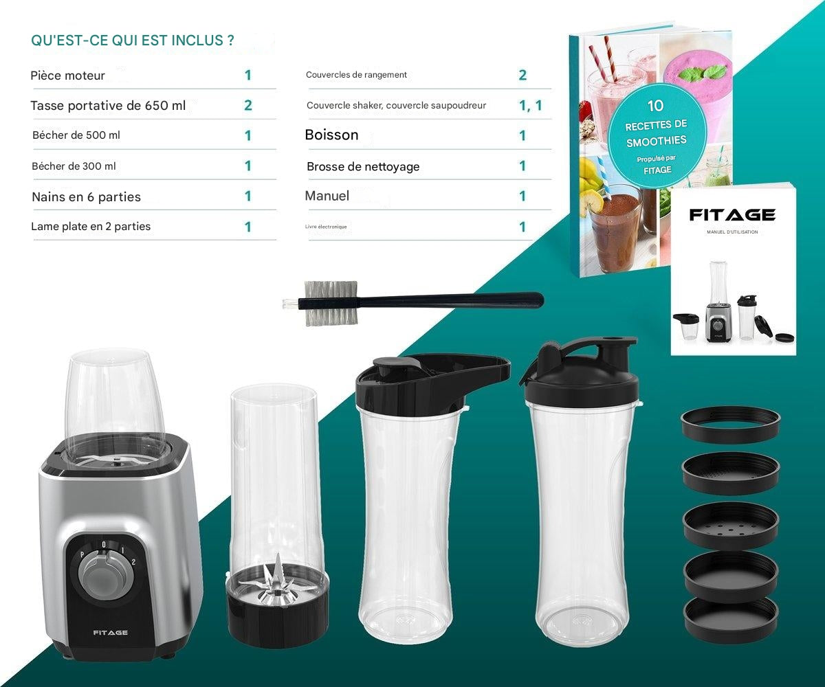 Blender FITAGE, Mélangeur à Smoothie, 500w, 2x 650ml