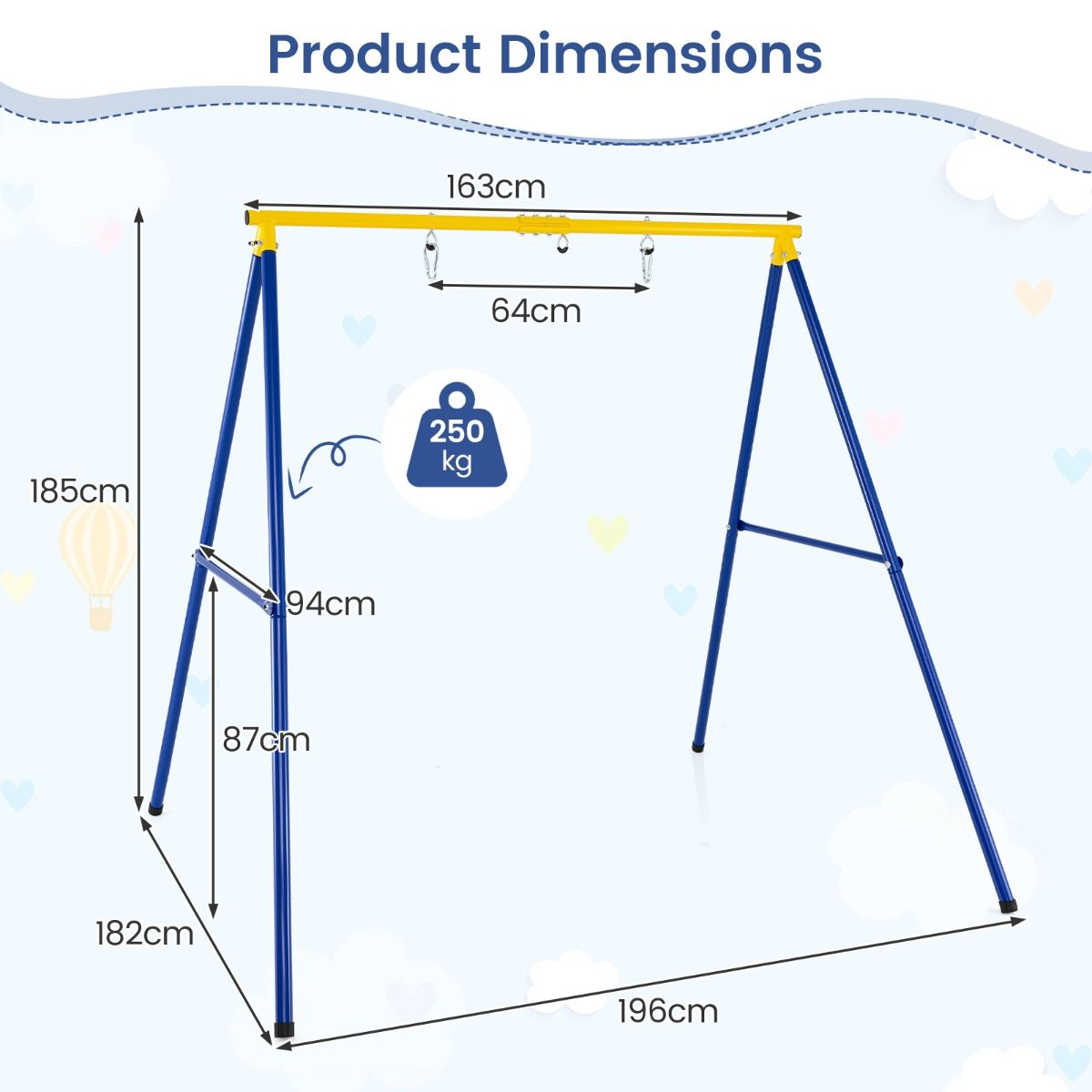 Support de balançoire Coast - structure en A robuste en métal - capacité de charge très élevée - bleu et jaune