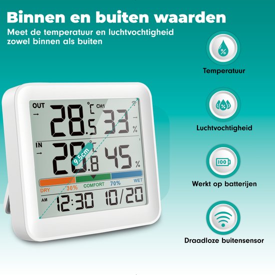 Station météo sans fil Iqonic - Intérieur et extérieur - Alimentation par piles - Humidimètre - Avec capteur extérieur - Blanc