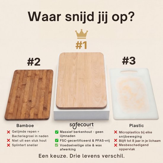 Safecourt Kitchen 3 piece wooden cutting board set [100% free of microplastics] - including storage stand - FSC certified birch wood