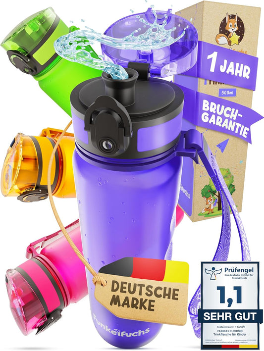 Funkelfuchs® gourde pour enfants - 500ml, violet - gazeuse - 100% étanche - bouteille d'eau lavable au lave-vaisselle - pour la maternelle, l'inscription à l'école, l'école, le sport