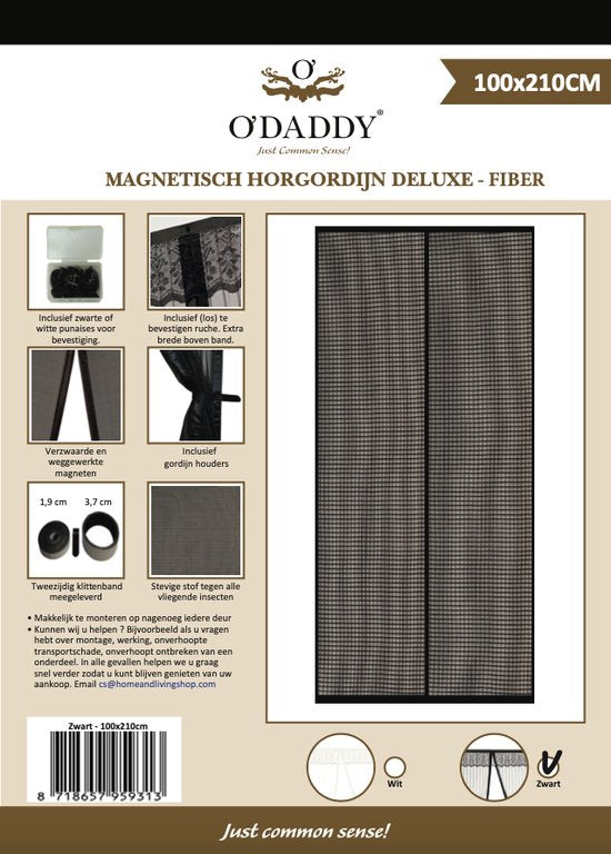 O'DADDY Rideau de porte Deluxe FIBER - Rideau à lames magnétiques - Pour les nouvelles constructions et les portes standard - Installation facile - Noir Hor - 100x210 cm