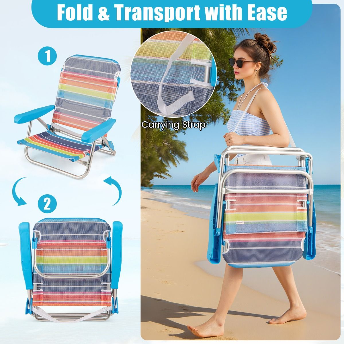 Lot de 2 chaises de plage pliantes Coast - Dossier réglable - Chaises de camping légères - 64 x 63 x 74 cm