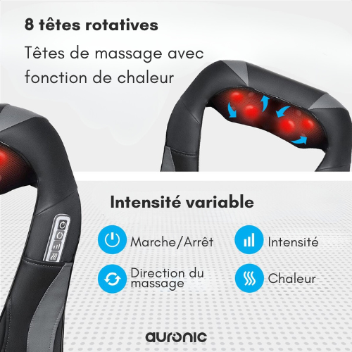 Appareil de massage Shiatsu – Auronic - Coussin de Massage Shiatsu - Chauffant pour cou, nuque et épaules – Noir/Gris