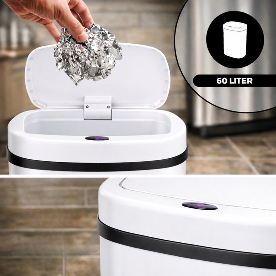 Bayt Poubelle - Poubelle 60 litres - Poubelle avec capteur - Poubelle - Corbeille - Métal - Blanc