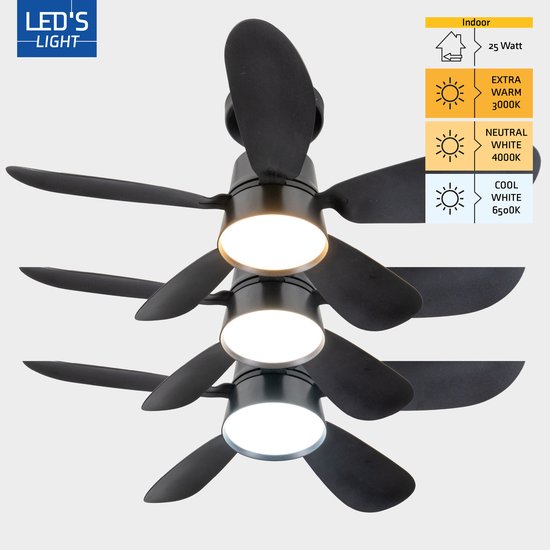 LED's Light - Ventilateur de plafond noir avec lampe - Ø 53 cm - Couleur de lumière réglable - 25 W, 1 100 lm, 3 000 K/6 500 K - Plafonnier avec ventilateur et lampe