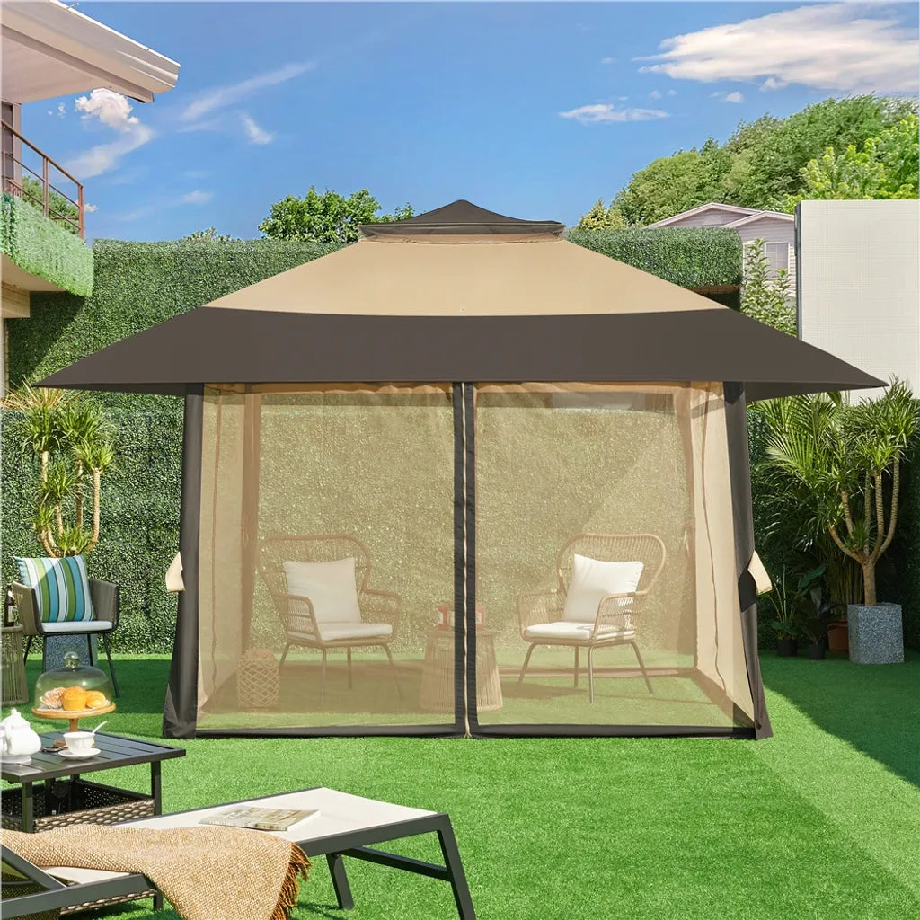 Yaheetech Party Tent - 4 x 4 m - pliable - pavillon de jardin - parois en filet - réglable - 271-291 cm - kaki/brun