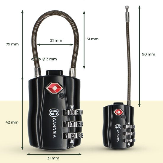 Cadenas de voyage Gandria - serrure TSA - serrure de voyage 3 pièces - serrure à 3 chiffres - serrure de valise à 3 chiffres - acier allié au zinc