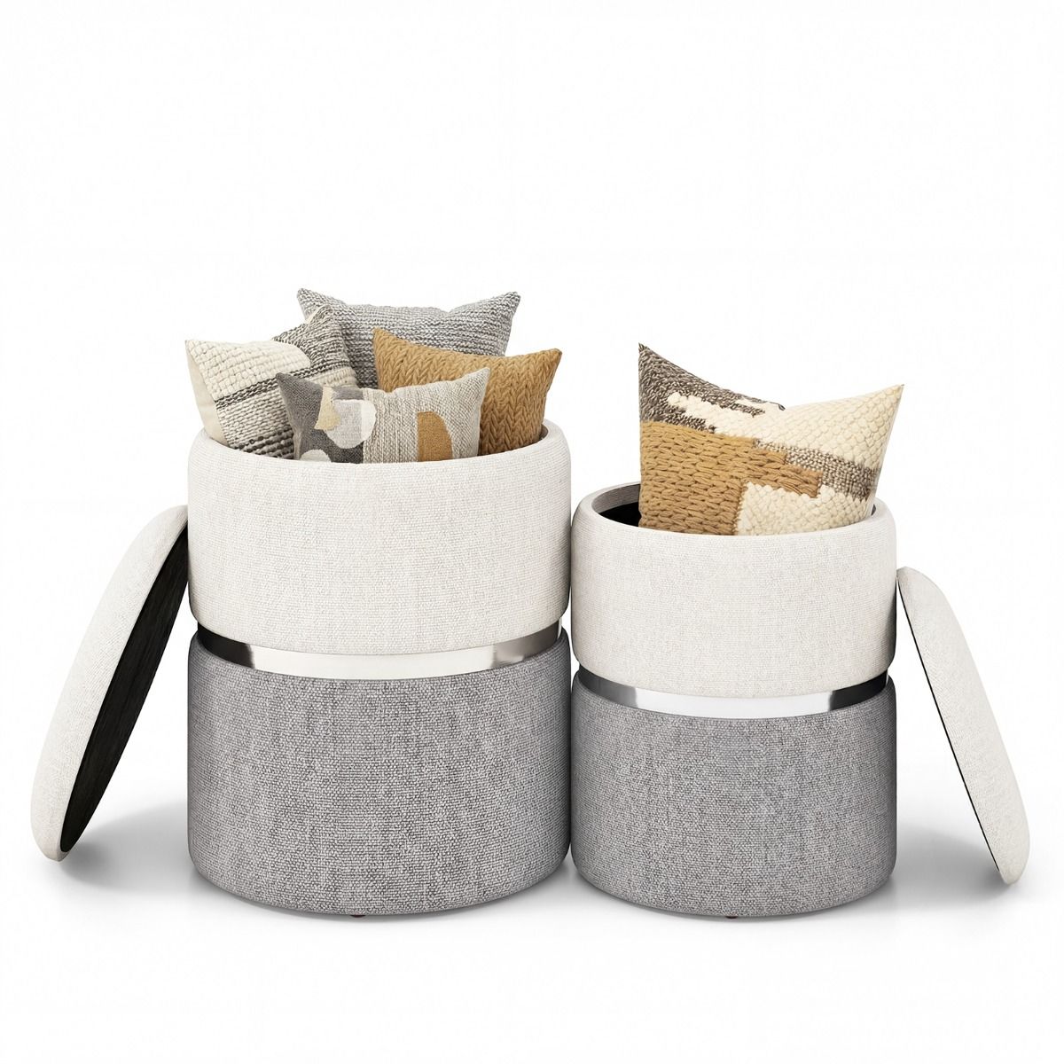 Ensemble de poufs de rangement Coast - lot de 2 poufs ronds - tissu en lin - anneau décoratif argenté - beige et gris