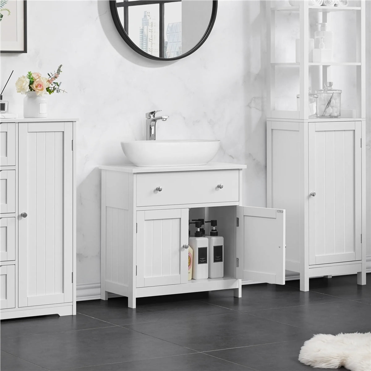 Meuble de salle de bains avec tiroir et 2 portes, style rustique, blanc, 60 × 30 × 60 cm