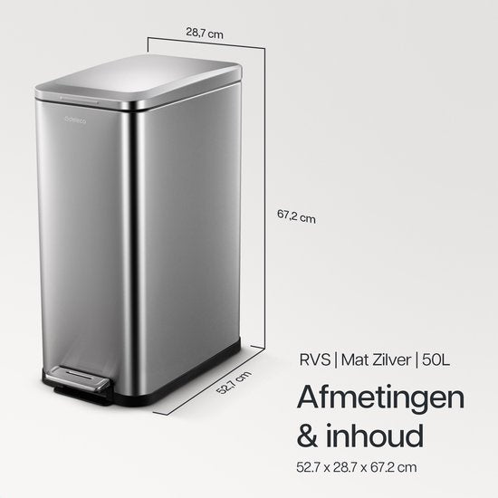 Deleca Trashcan Prestige - 50 Liter - Narrow - Stainless steel Dustbin / Waste Bin / Pedal Bin - With Foot Pedal and Slow Close - Matt Silver
