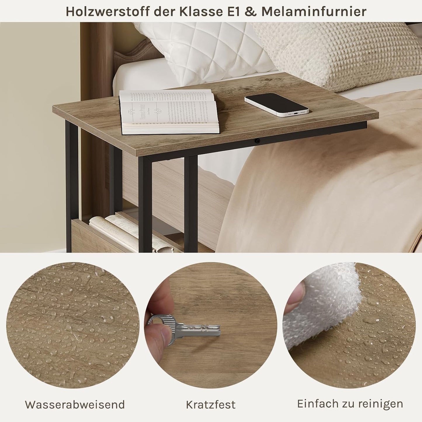 Table d'appoint Woltu en forme de C avec étagère de rangement - Aspect bois gris - Métal - 55 x 36 x 59,5 cm