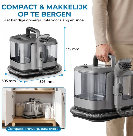 Nettoyeur vapeur Powell - Nettoyeur de moquette - Détachant - Nettoyeur de canapé - Nettoyeur de meubles - Nettoyeur de moquette et aspirateur - Machine de nettoyage - Nettoyeur de moquette - 1 800 watts - Gris