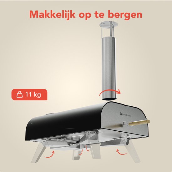 KitchenBrothers Four à Pizza - Au feu de bois - Table Top - Avec Couvercle Protecteur - Sans PFAS - Pliable - Pierre à Pizza - jusqu'à 460°C Pizza maker - Set complet - Four à Pizza pour l'extérieur - Noir/RVS