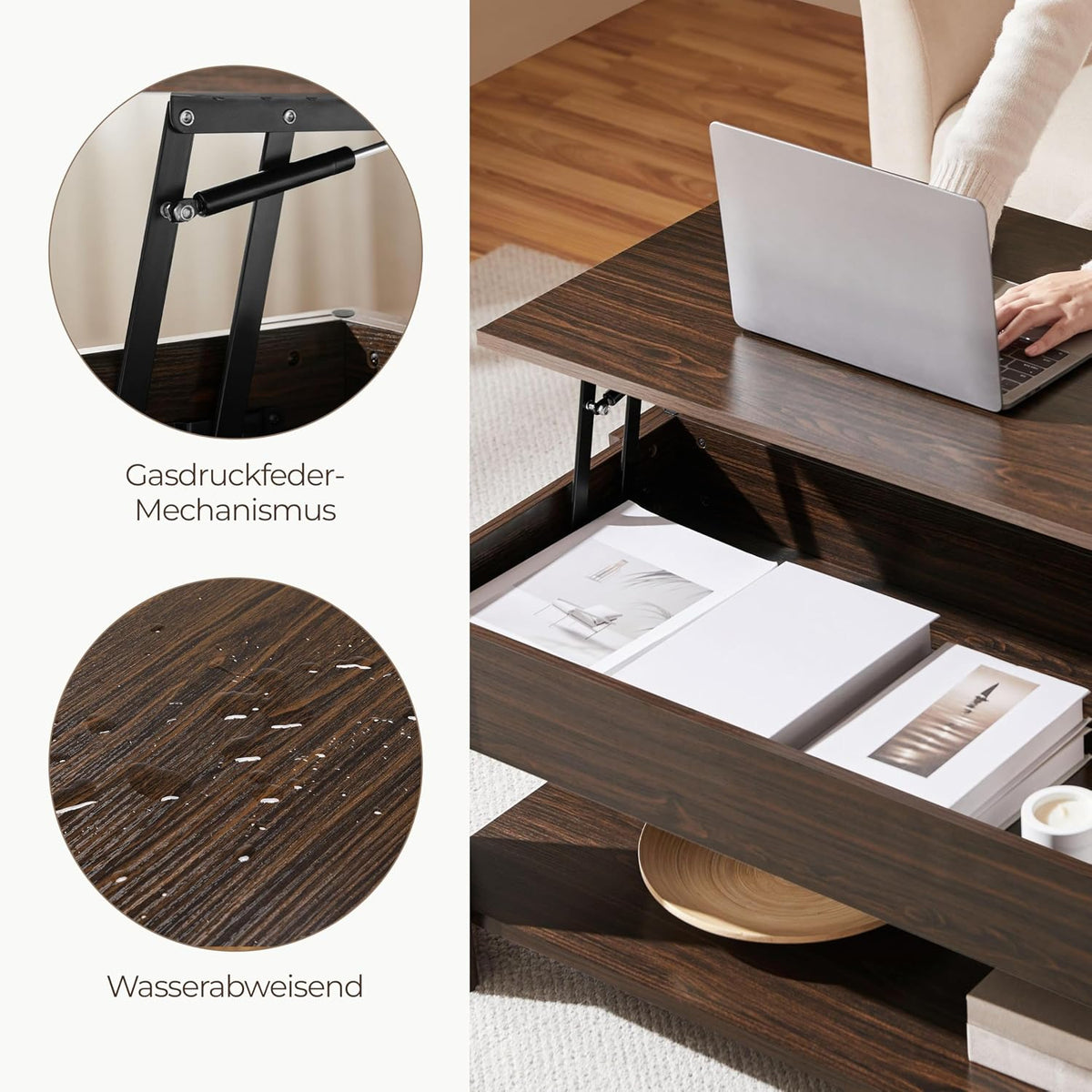Table basse Yaheetech 98 x 50 x 41,8 cm - Marron - Réglable en hauteur - Plateau extensible - Avec espace de rangement