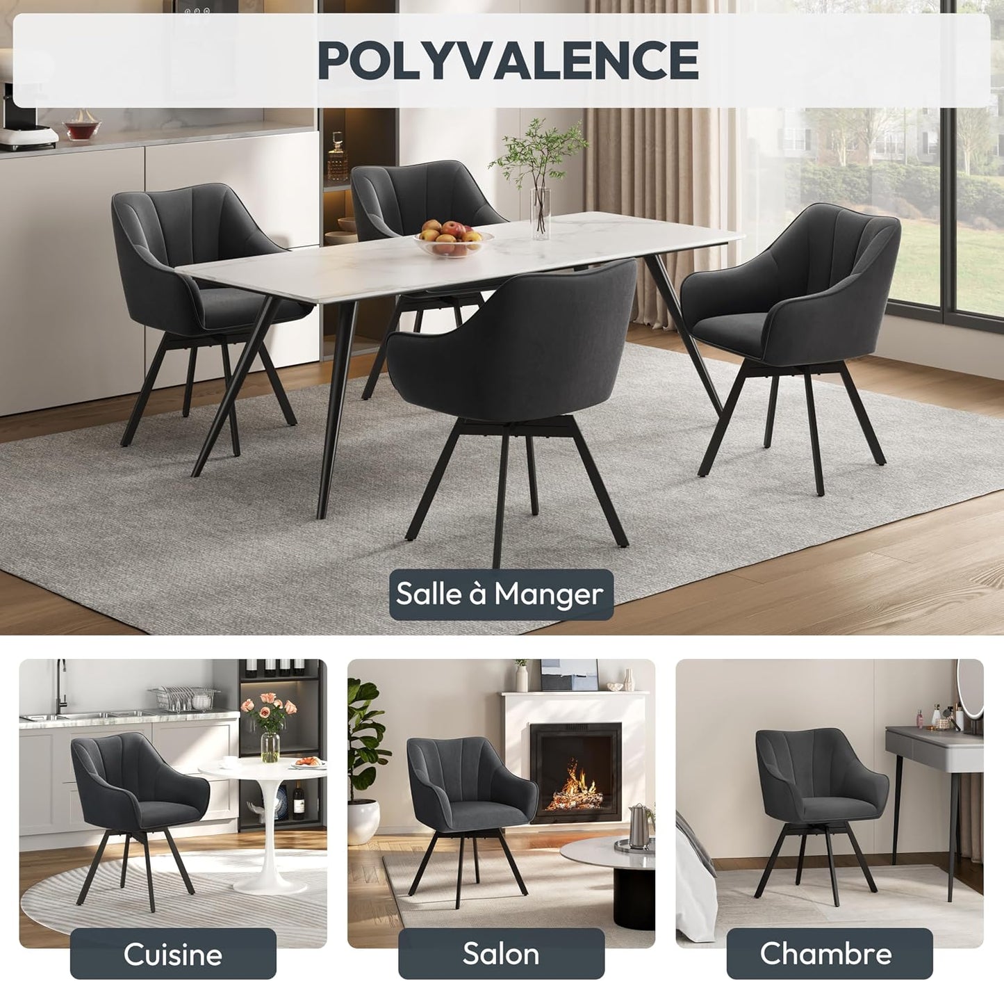 Chaise de salle à manger Yaheetech pivotante à 360° avec accoudoirs - Velours - 55 x 58,5 x 82 cm - Gris foncé