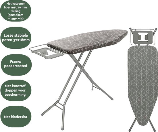 BRASQ Table à repasser IB300 avec housse de table à repasser et support de centrale vapeur - 122x43 cm Surface de repassage - Réglable en hauteur - 7 positions - jusqu'à 100 cm
