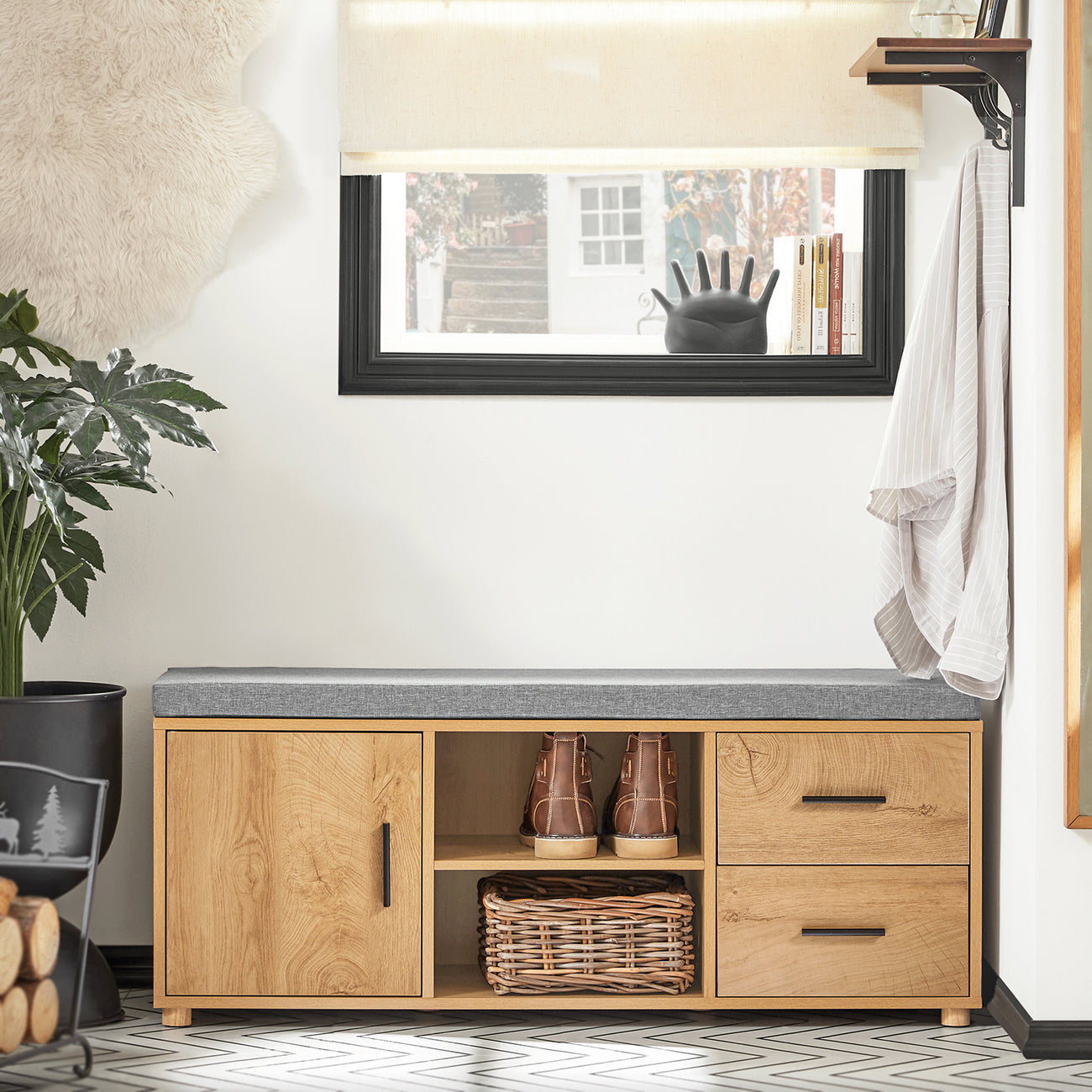 Banc à chaussures avec siège - SoBuy FSR148-N - 1 porte et 2 tiroirs - 110 x 35 x 47 cm - Brun / Gris