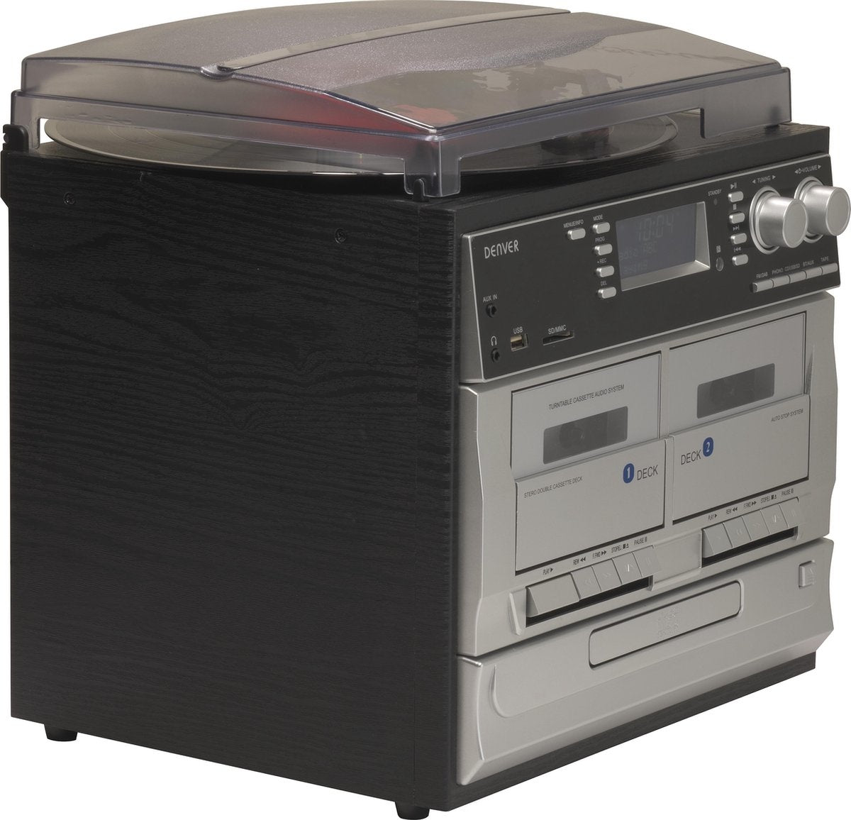 Tourne-disque rétro - Denver -  Avec enceintes - Radio DAB+/FM - Lecteur CD & double cassette - Boîtier bois - USB/SD/AUX