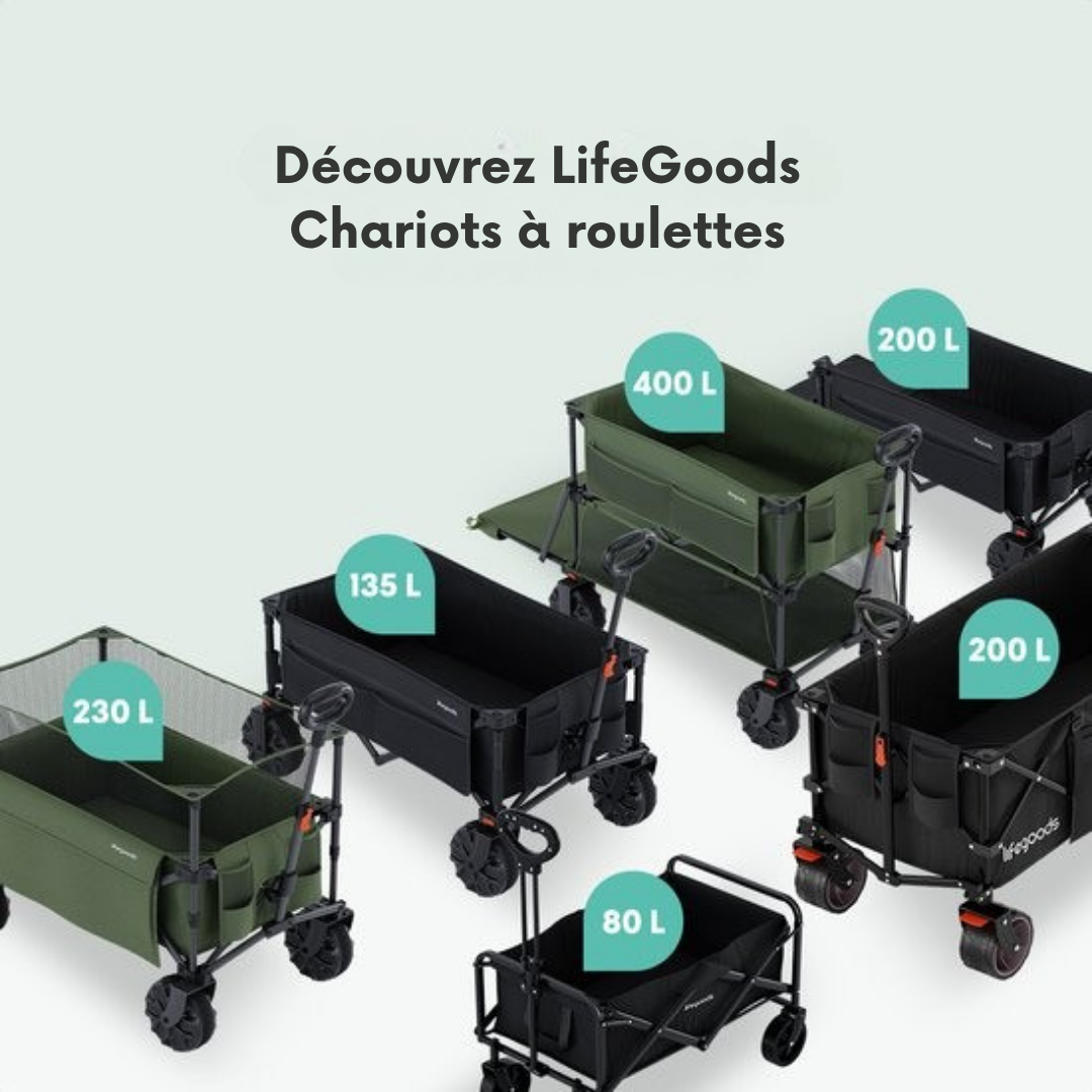 LifeGoods Wagon - Pliable - 100KG - 135L - Roues amovibles - Housse de protection - Vert