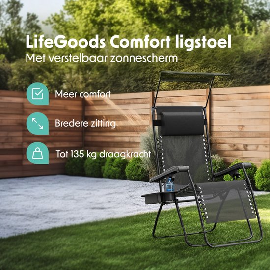 LifeGoods Chaise de jardin pliable - parasol réglable - chaise longue de jardin - 30°-90° réglable - métal - noir