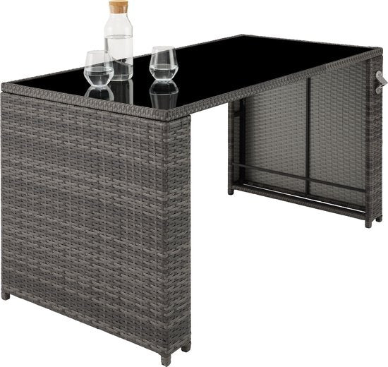 tectake® - ensemble de sièges en osier, salon de jardin 5 pièces avec table, fauteuil et tabouret, ensemble de salle à manger pour 4 personnes, meubles de jardin et de balcon avec coussins - gris - poly-rattan