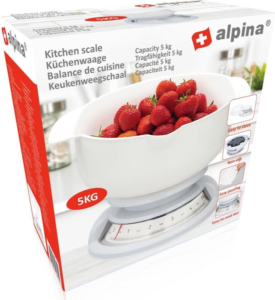 alpina Kitchen Scales with Bowl - Balance analogique - jusqu'à 5 kg - Blanc