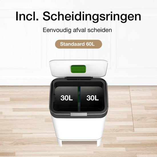 Loftey Trashcan 60 Liter - Push/touch Waste Bin - Duo Waste Bin with Inner Bin - Garbage Can 2 Compartments - Waste Separation 2x30L - Kitchen - White/RVS