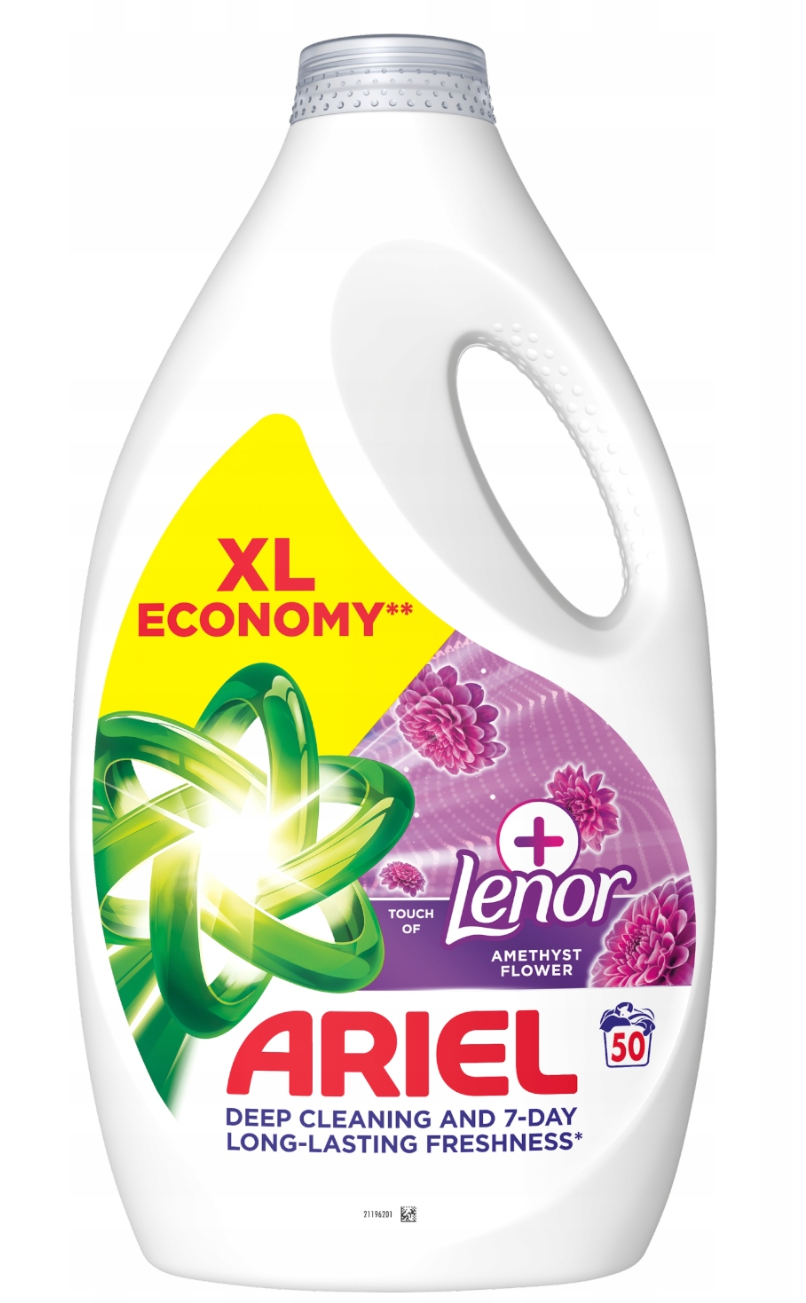 Lessive nettoyante en profondeur Ariel au parfum Lenor Améthyste Fleur - 2,25 litres - 50 lavages