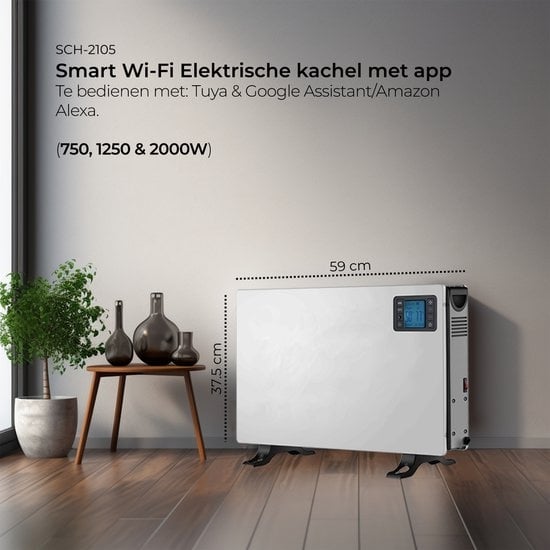 Poêle électrique Denver - 750/ 1250/2000W - Minuterie - Réglages de température - Tuya App - Thermostat - Poêle convecteur - Google Assistant & Amazon Alexa - SCH2105