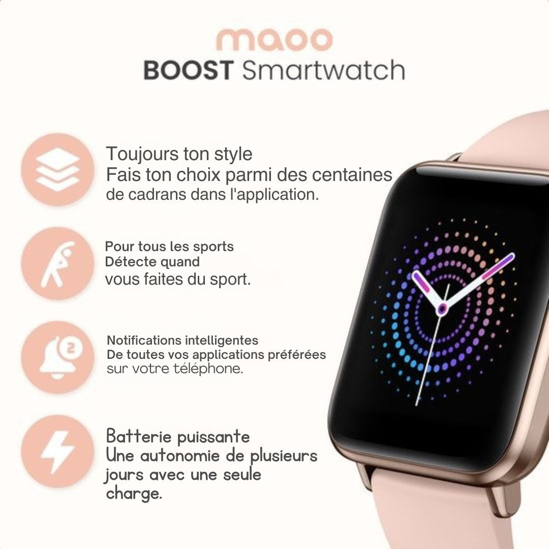 Montre connectée - MAOO BOOST Smartwatch - protecteur d'écran inclus - étanche - femmes - podomètre - rose