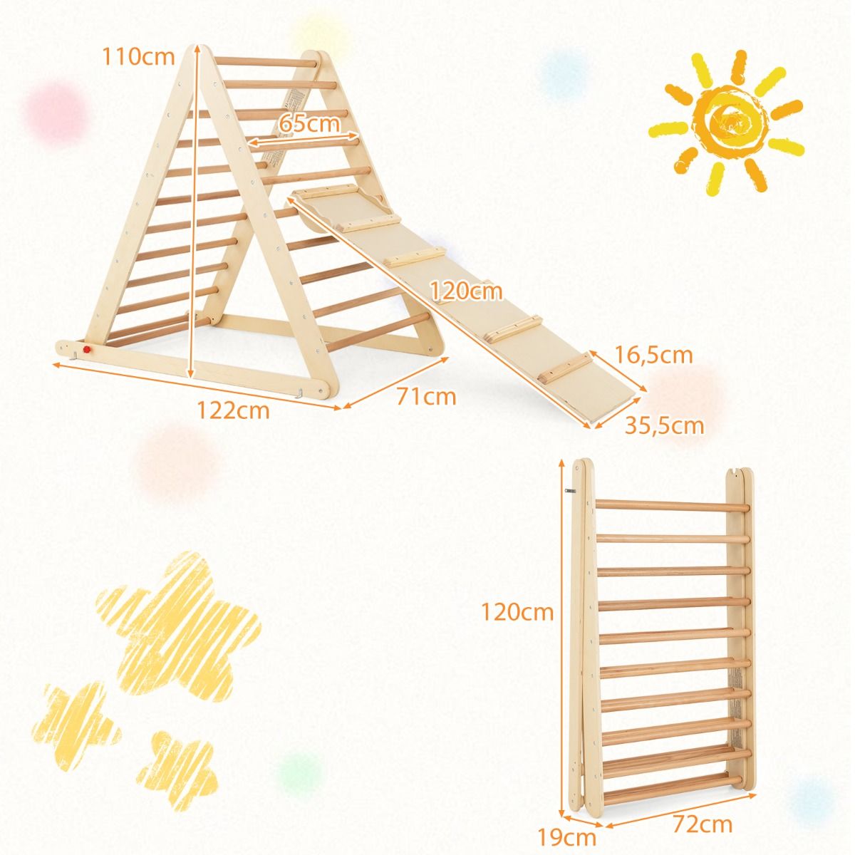 triangle d'escalade en bois coast pour enfants - bois naturel - 120 x 71 x 110 cm - garçons et filles 3+