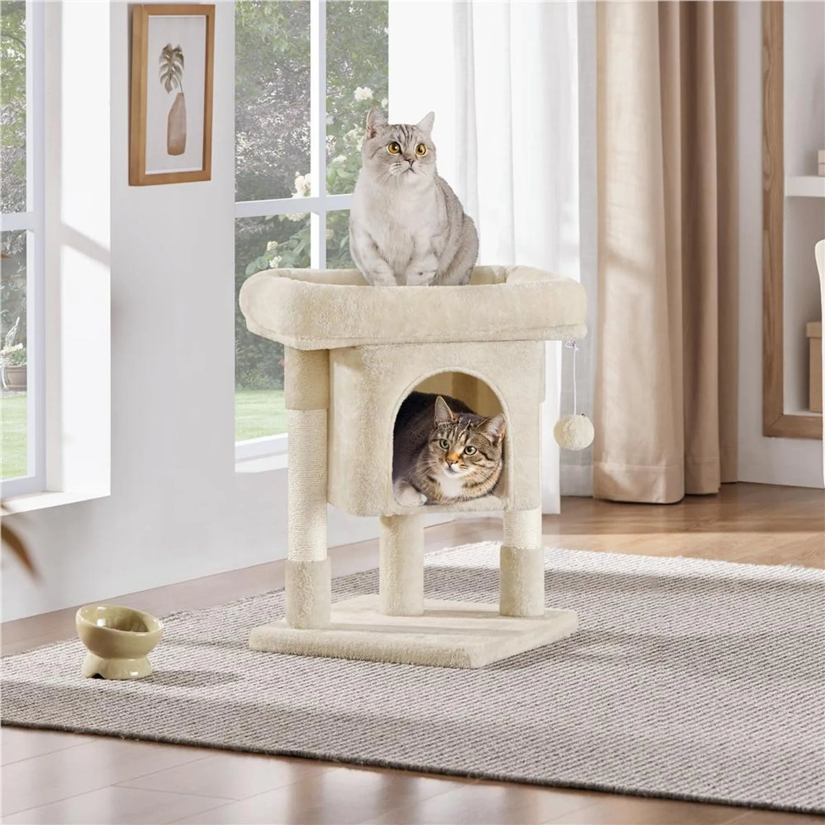 Arbre à chat Yaheetech - Beige - 40,5 x 40,5 x 59 cm - Abri pour chat, poteaux en sisal et balle à jouer
