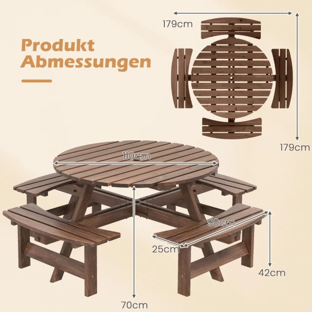 Ensemble de table de pique-nique Coast - 166,5 x 166,5 x 76 cm - 8 personnes - Bois - Trou pour parasol - Marron