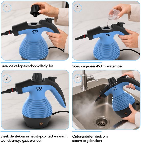 Nettoyeur vapeur Infinity Goods - Nettoyeur vapeur à main 12-en-1 - Nettoyeur vapeur à main - Détachant - Nettoyeur de tapis - 10 embouts - 1 050 watts - 3,2 bars - Bleu