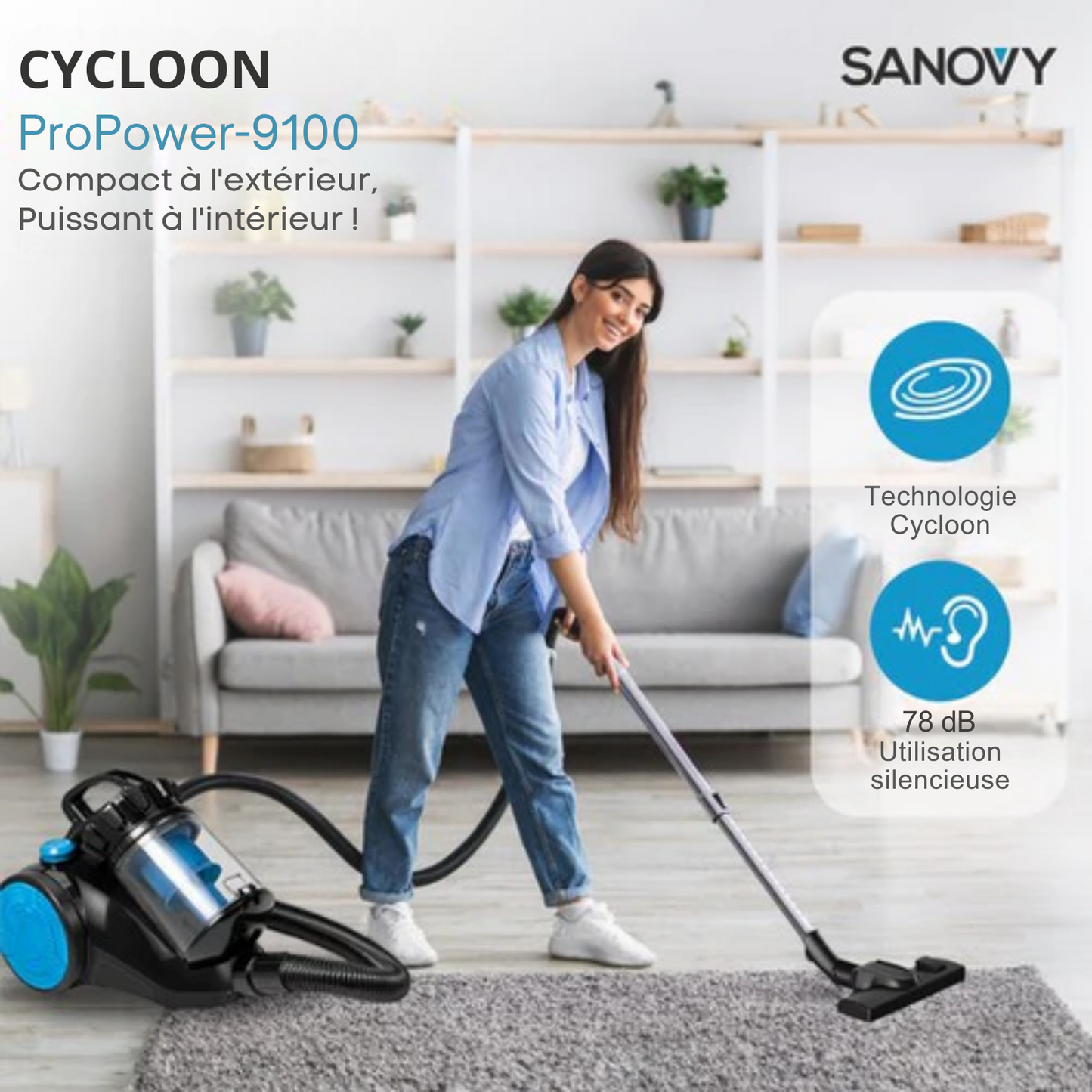 Aspirateur puissant sans sac - Sanovy ProPower - 3L - Compact - Bleu